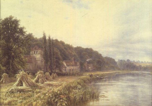 Riverside Village with figures fishing