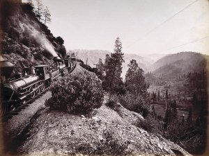 Central Pacific Railroad Train and Coaches in Yosemite Valley, 1861-69