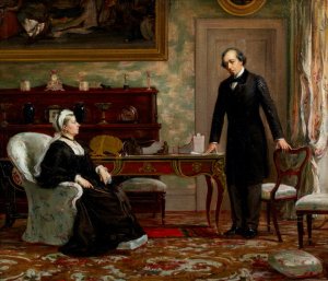 Peace with Honour - Queen Victoria (1819-1901) with Benjamin Disraeli (1804-81) following the signing of the Berlin Treaty in 1878