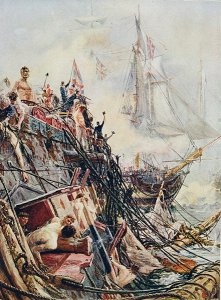 Crippled but unconquered: The Belleisle at the Battle of Trafalgar, 21st October 1805, from 'British Battles on Land and Sea' edited by Sir Evelyn Wood (1838-1919) first published 1915