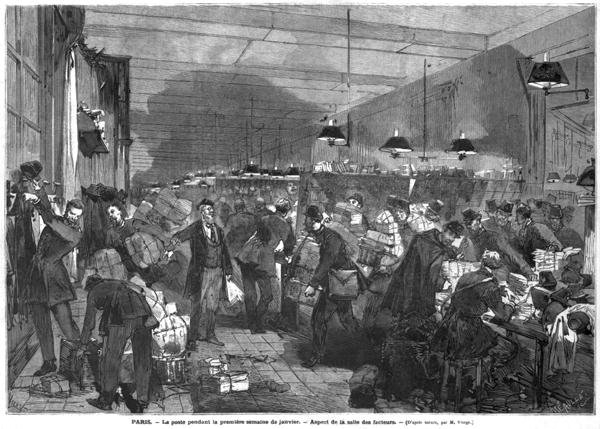 Interior of the Paris post office during the first week of January, the postmen room, engraved by Fortune Louis Meaulle 1844-1901