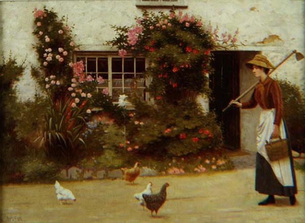 Young girl with a hoe outside a cottage