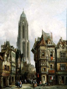 German Street Scene and Church Tower