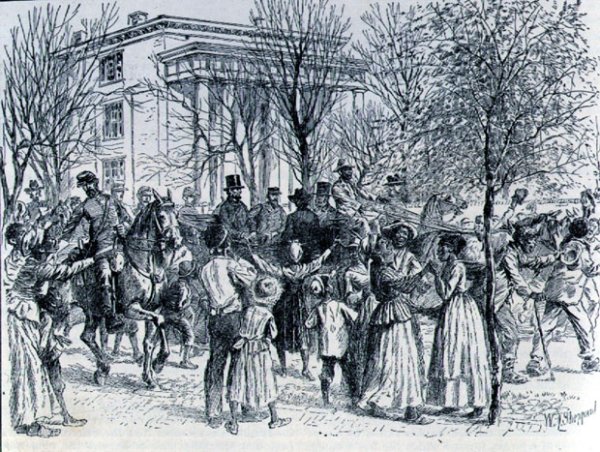 President Lincoln leaving the Davis Mansion, illustration from Battles and Leaders of the Civil War, edited by Robert Underwood Johnson and Clarence Clough Buel