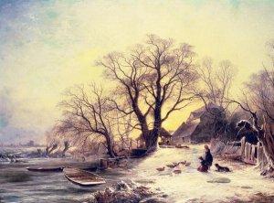 Figures outside a cottage in winter