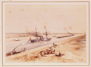 A Turkish Paddle Steamer Going Up the Suez Canal, from a souvenir album to commemorate the Voyage of Empress Eugenie 1826-1920 at the Inauguration in 1869