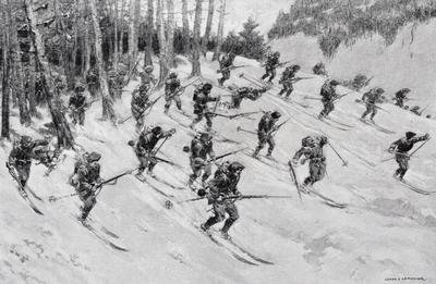 French Alpine troops attacking on skis during World War One