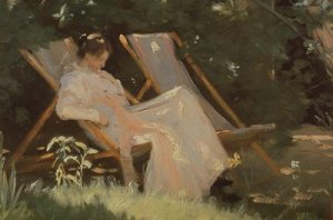 The artists wife sitting in a garden chair at Skagen