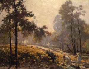 Women picking yellow flowers in a wooded landscape