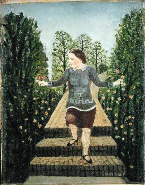 Girl Walking Down the Garden Steps