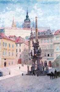 View of Staromestsky Rynk with the Town Hall and the Church of Our Lady before Tyn