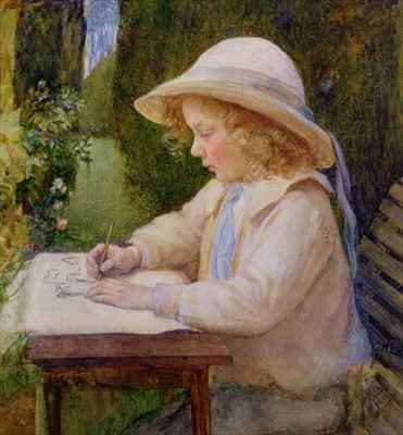 Girl drawing on a garden table