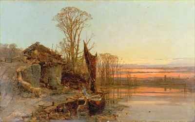 Landscape with a Ruined Cottage at Sunset