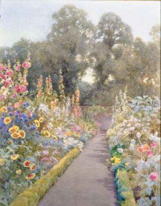 Garden Path with Hollyhocks and Poppies