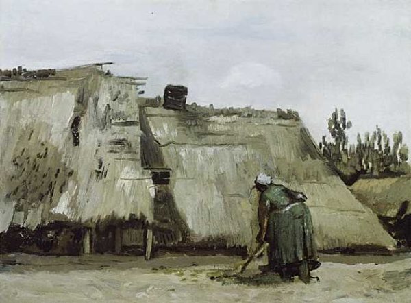 Peasant Woman Digging In Front Of Her Cottage