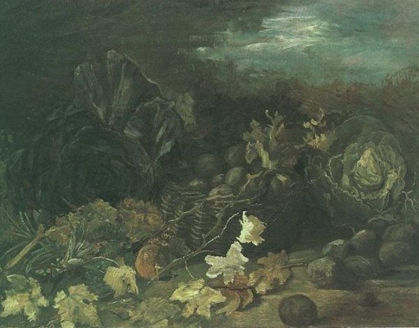 Still Life With A Basket Of Potatoes Surrounded By Autumn Leaves And Vegetables