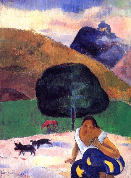 Landscape With Black Pigs And A Crouching Tahitian