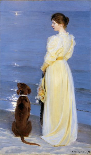 Summer Evening at Skagen the Artists Wife with a Dog on the Beach