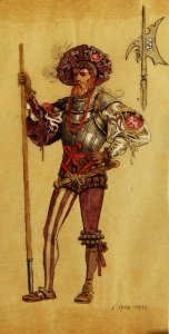 An Armoured Courtier, costume design for As You Like It, produced by R.Courtneidge at the Princes Theatre, Manchester