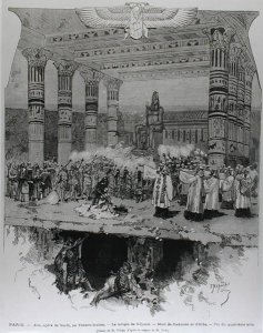 The Temple of Vulcan with the Death of Radames and Aida, scene from Act IV of Aida by Guiseppe Verdi 1813-1901 engraved by Fortune Louis Meaulle, 1871