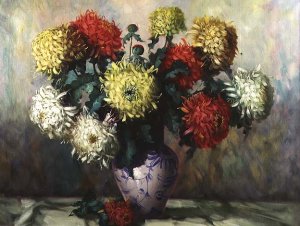 Chrysanthemums in a blue and white china vase