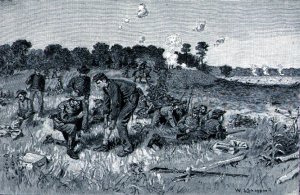 Confederate line waiting orders in the wilderness, illustration from Battles and Leaders of the Civil War, edited by Robert Underwood Johnson and Clarence Clough Buel