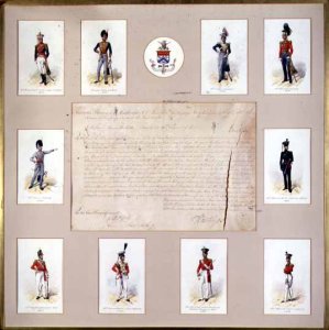 Ten coloured engravings of officers in uniform