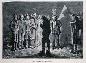 Confederate Roll-call, engraved by Ernst Heinemann 1848-1912, illustration from Battles and Leaders of the Civil War, edited by Robert Underwood Johnson and Clarence Clough Buel