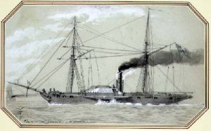 A paddle driven steam warship