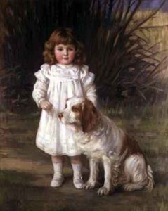 Portrait of a girl in a white dress with a dog