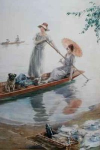 Two girls with their pet pug paddling back to their picnic