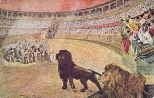 Postcard depicting christian martyrs in the arena in Rome