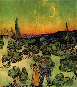 Landscape With Couple Walking And Crescent Moon