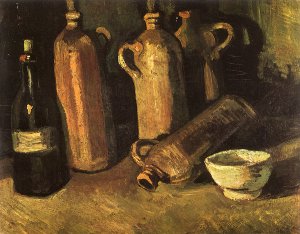 Still Life With Four Stone Bottles Flask And White Cup